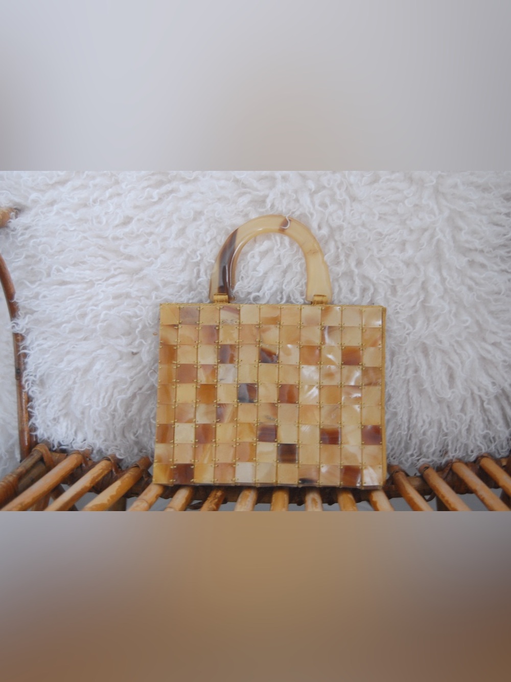 Cream Patchwork Acrylic Handle Tote Bag